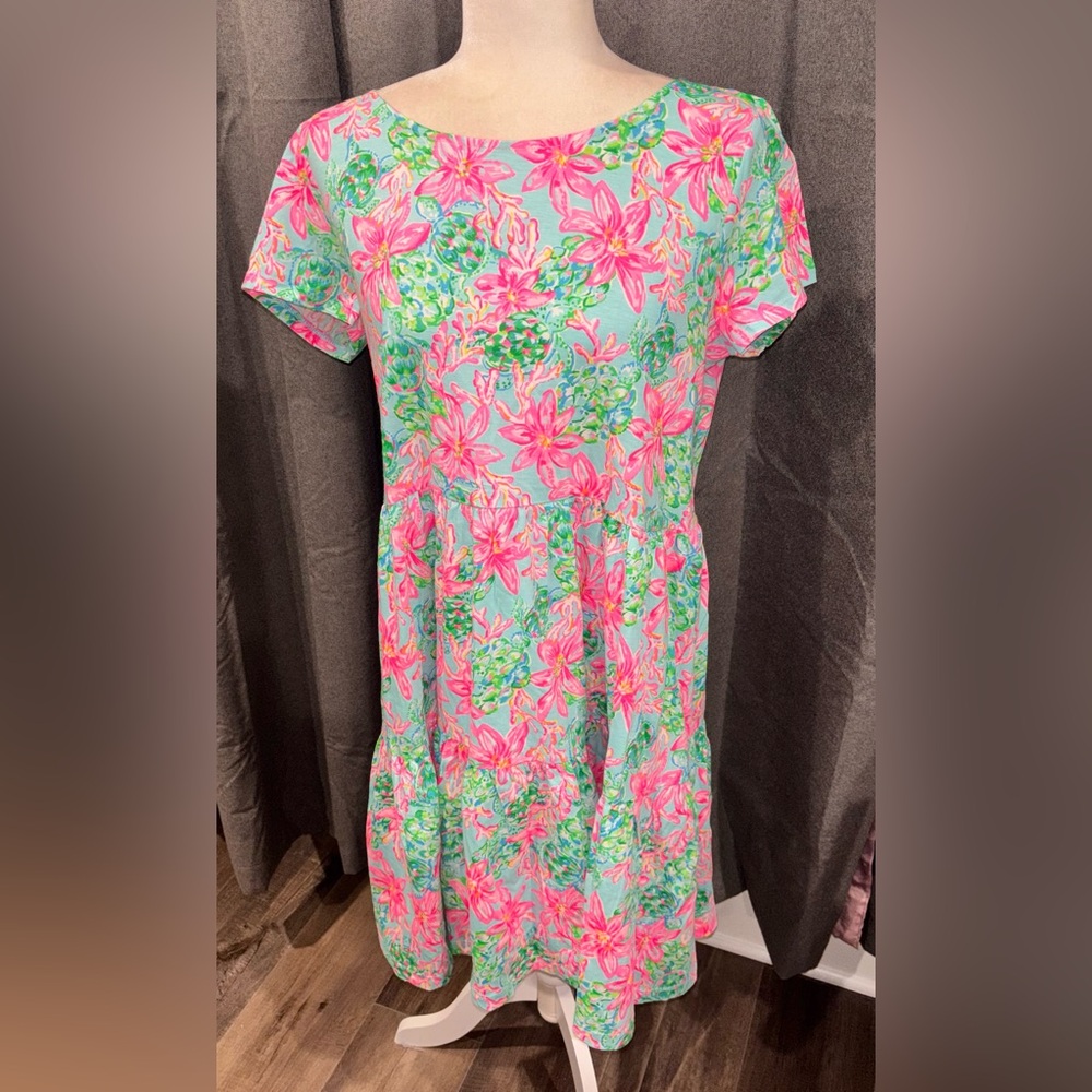 NWOT Lilly Pulitzer Geanna Dress Surf Blue So Shellegant Large Tropical Cotton - Picture 3 of 14